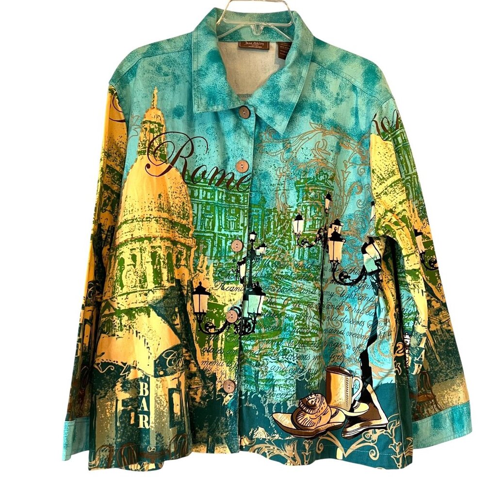 Jane Ashley Rome Button-Up Shirt Jacket Italy 1X Landmarks Streetlamps Europe